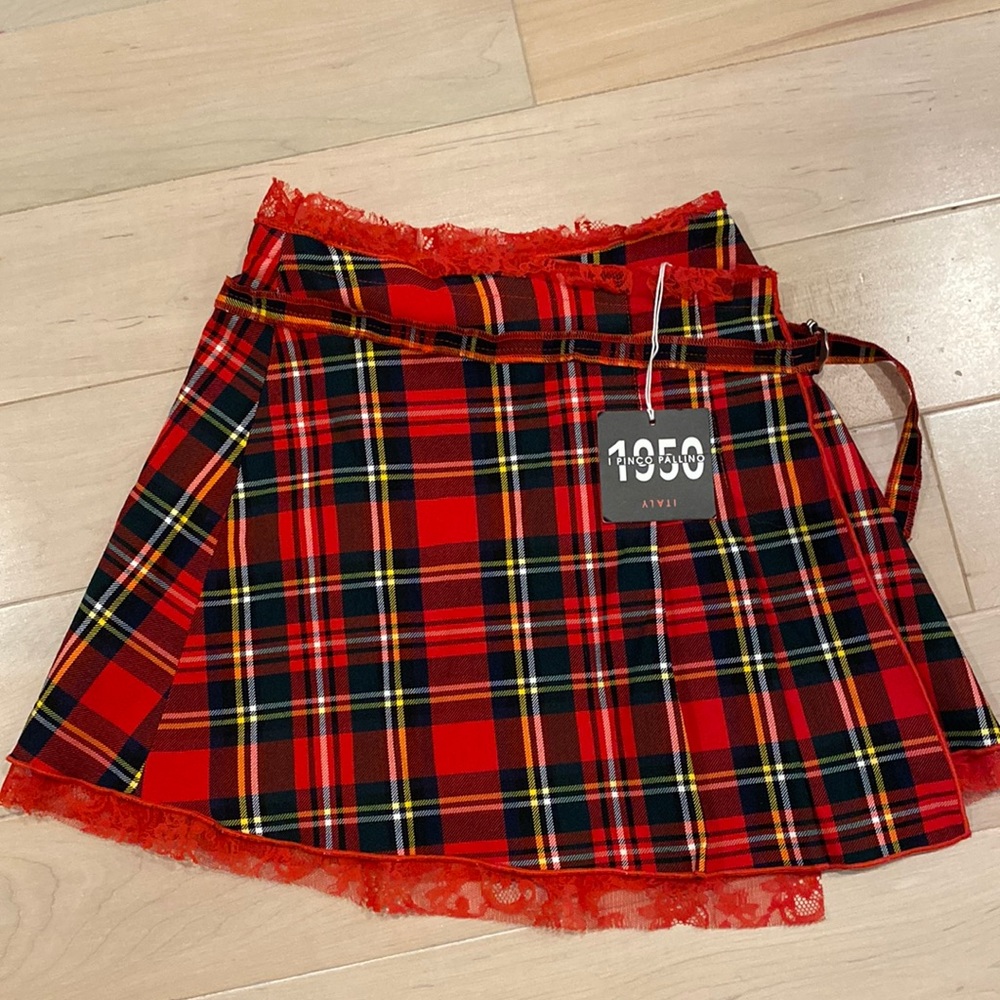 1950 I Pinco Pallino red lace plaid pleated wrap skirt
